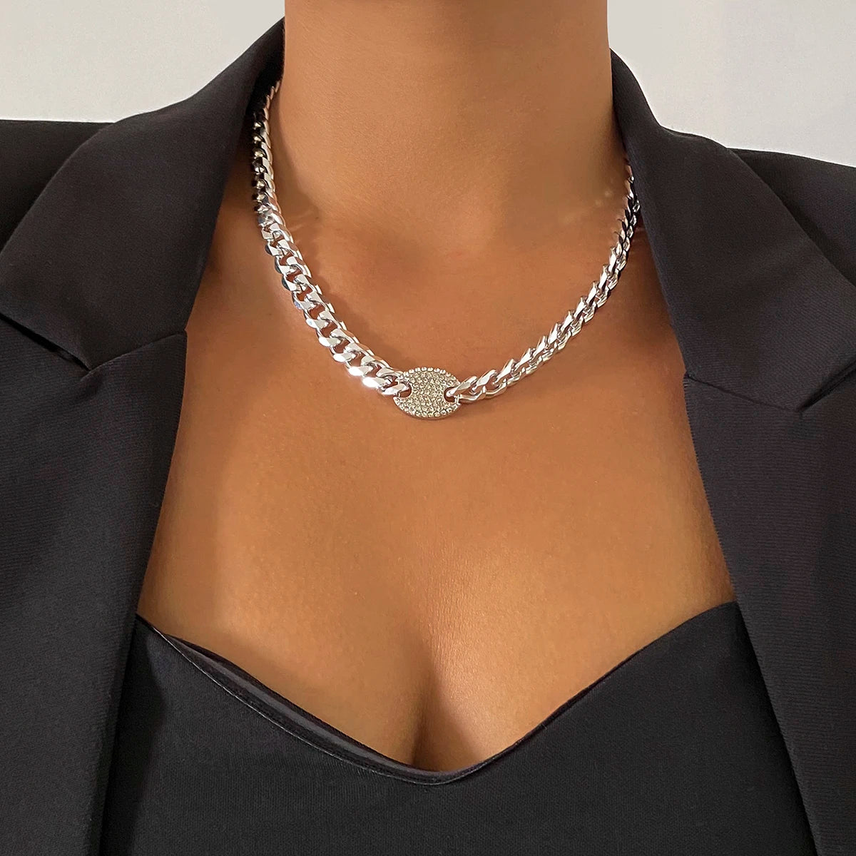 Iced Out Rhinestones Tennis Chain Pendant Choker Necklace