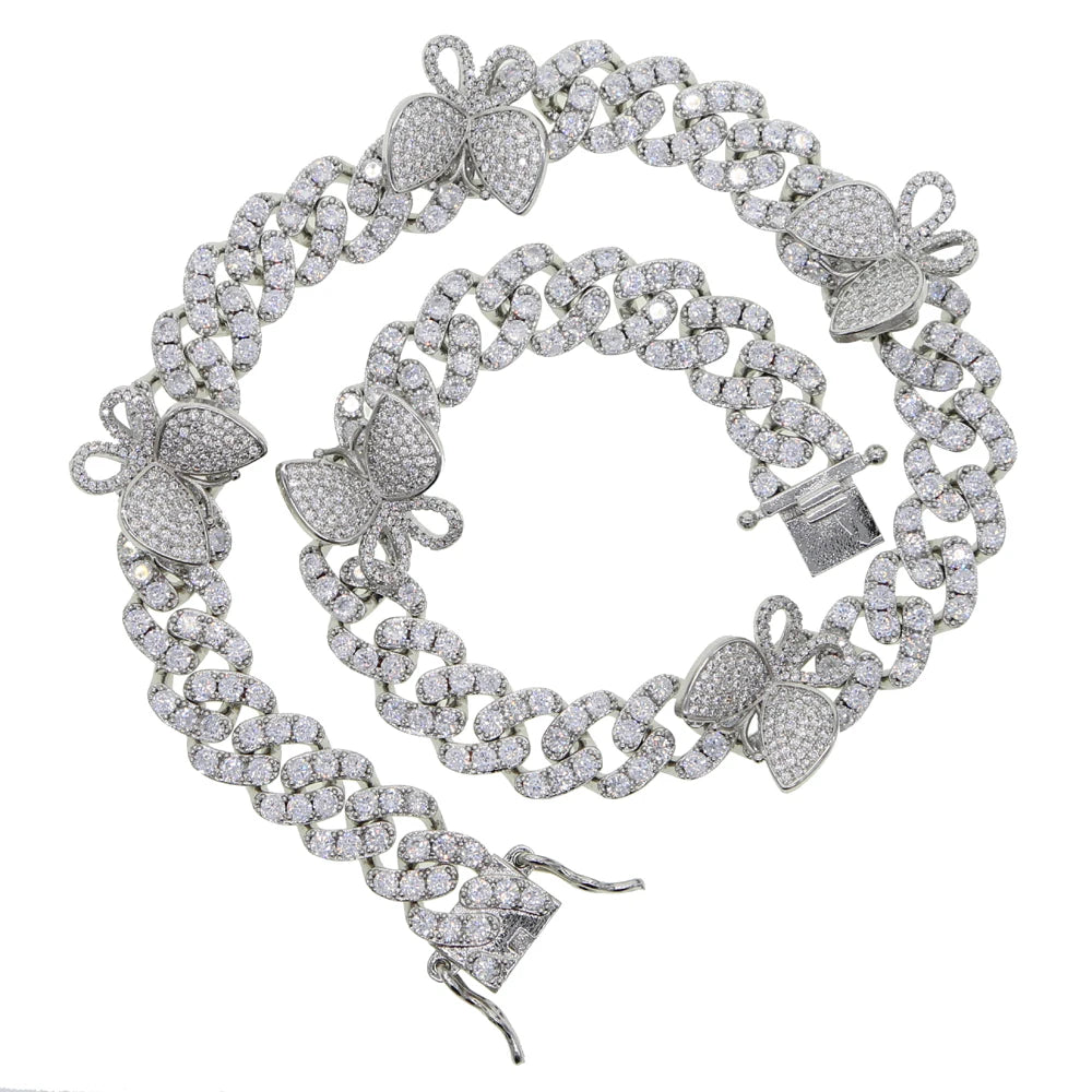 New 12mm Iced Out Bling CZ Miami Cuban Link Chain Butterfly Charm choker Necklace 15inch 16inch Big Hip hop Women Jewelry