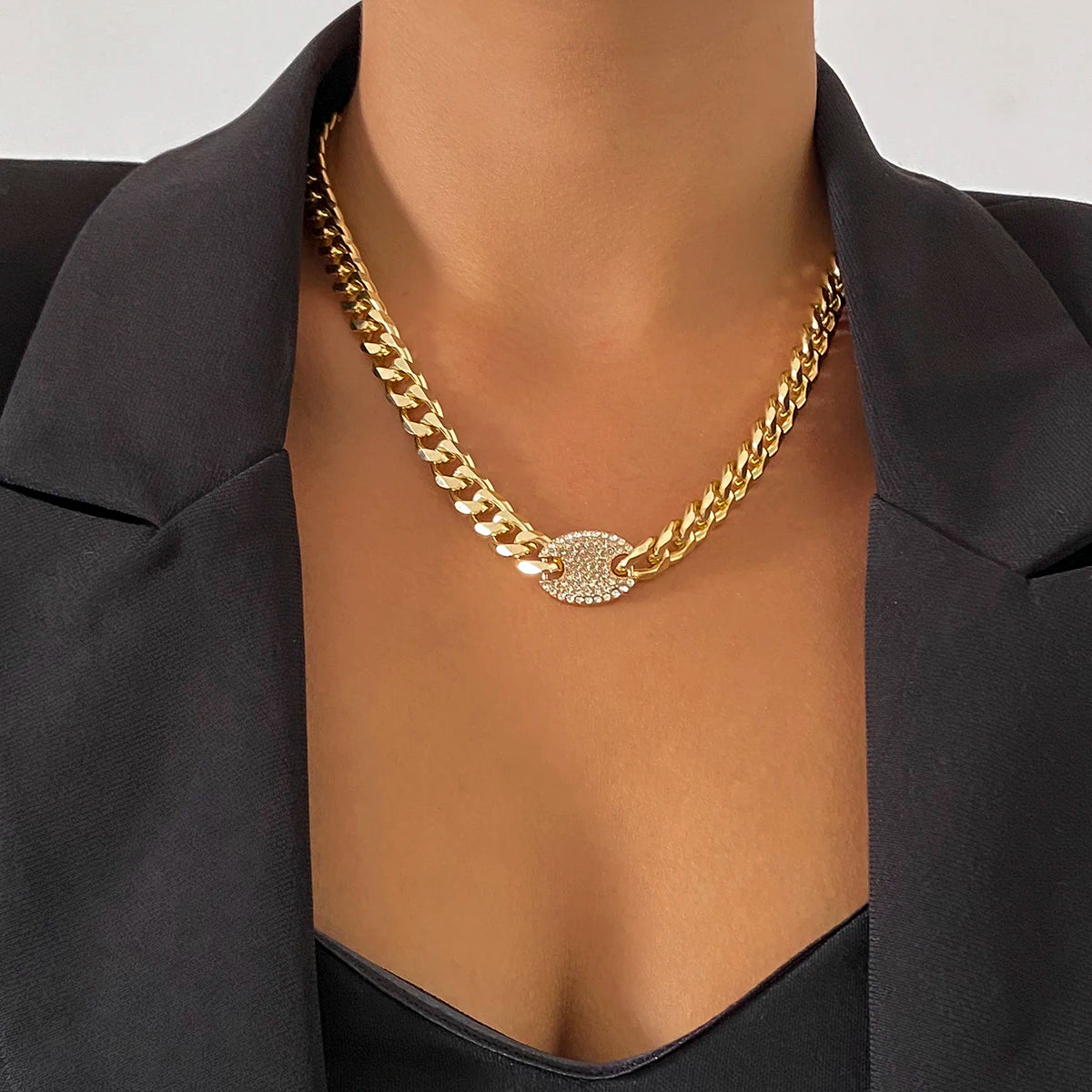 Iced Out Rhinestones Tennis Chain Pendant Choker Necklace