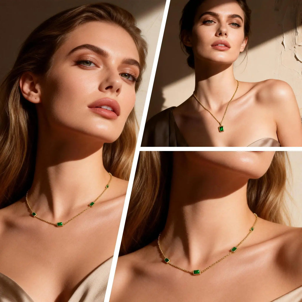 KH Royal Emerald Drop Necklace, Crystal Stone Chain Stainless Steel For women