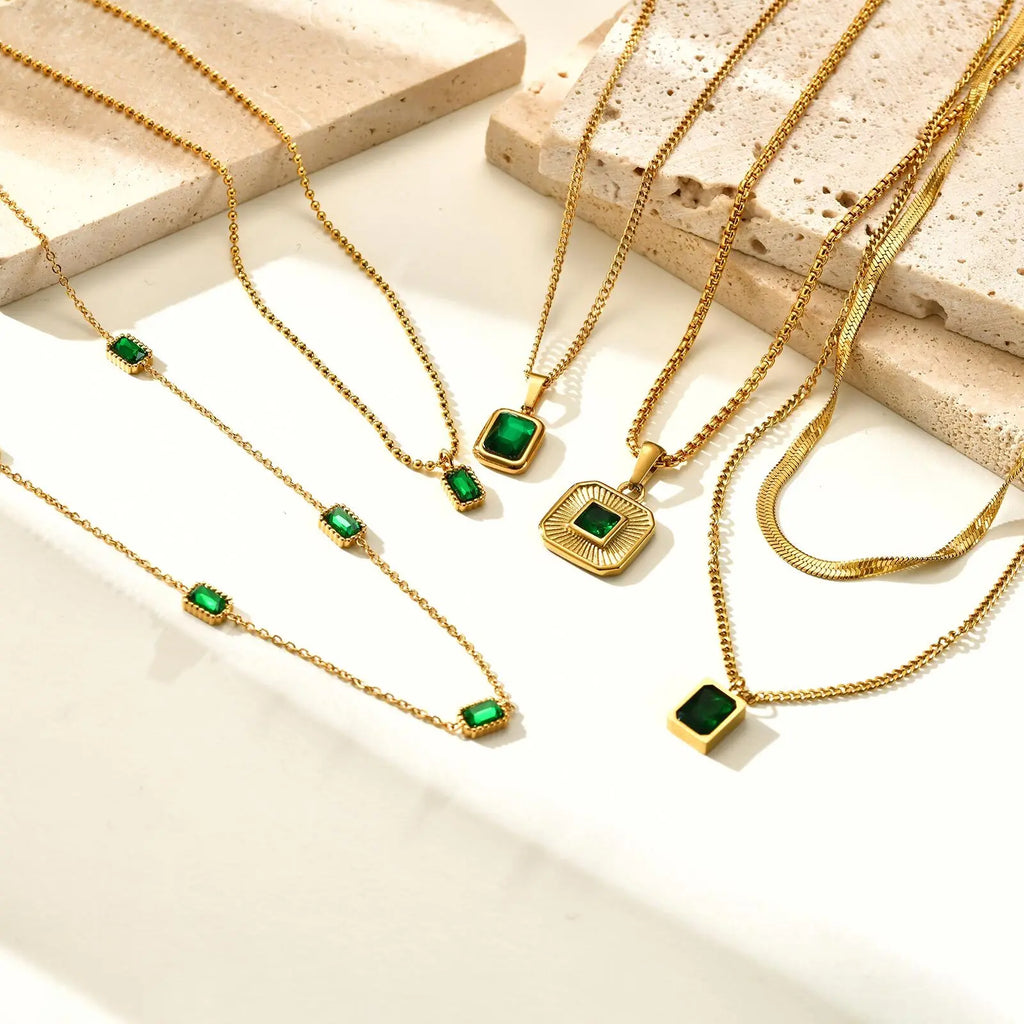 KH Royal Emerald Drop Necklace, Crystal Stone Chain Stainless Steel For women