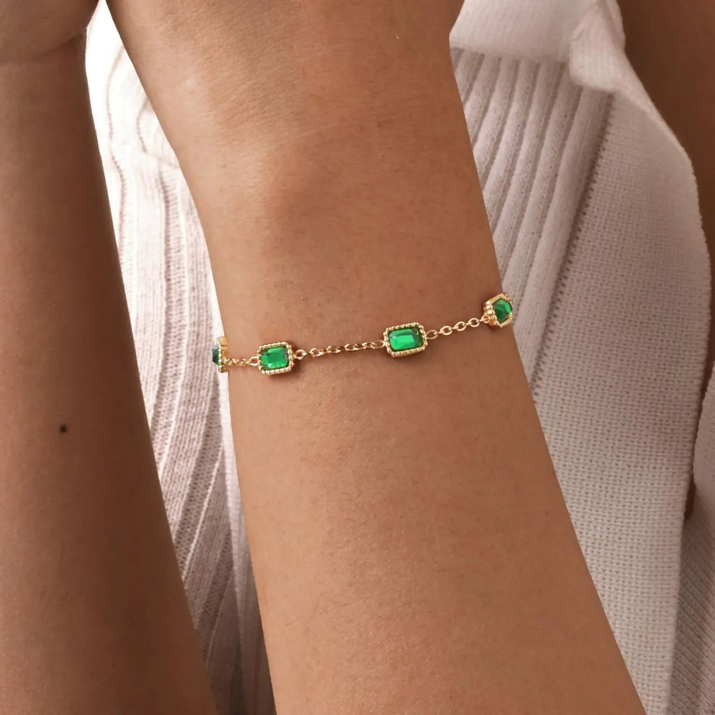 KH Royal Emerald Drop Necklace, Crystal Stone Chain Stainless Steel For women