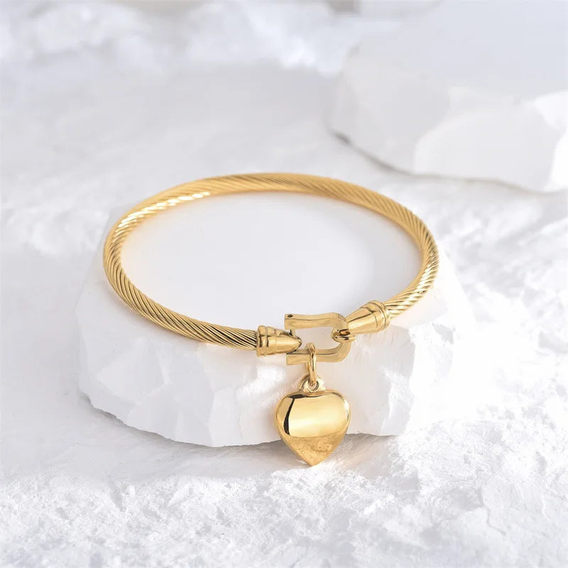 KH 18k Gold Royale Amour Heart Charm Bangle Stainless Steel.
