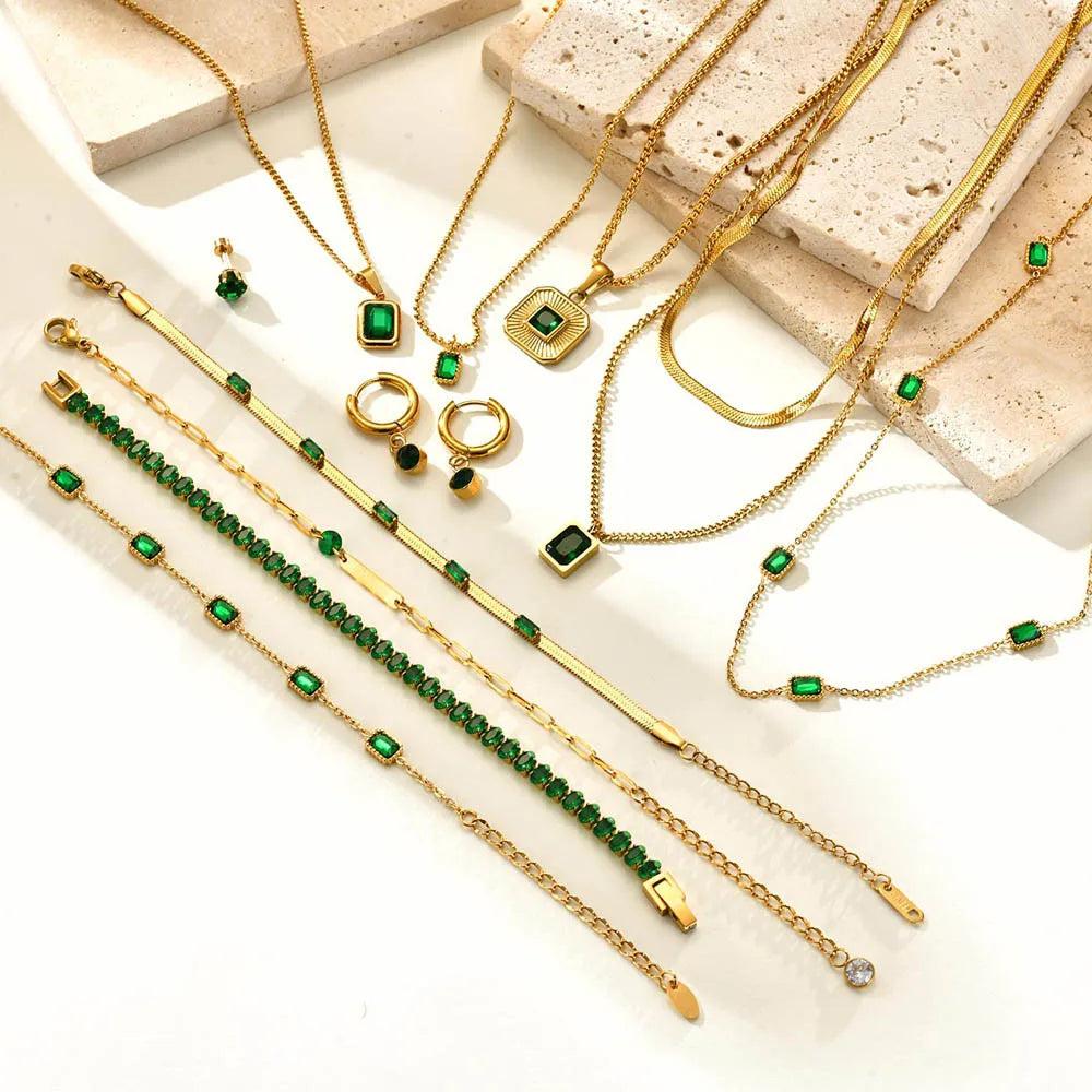 KH Royal Emerald Drop Necklace, Crystal Stone Chain Stainless Steel For women