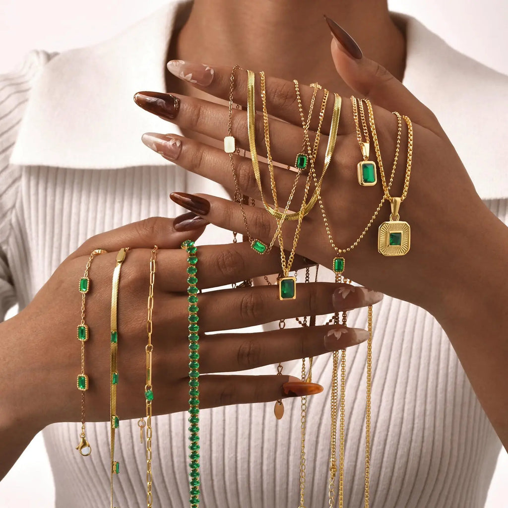 KH Royal Emerald Drop Necklace, Crystal Stone Chain Stainless Steel For women